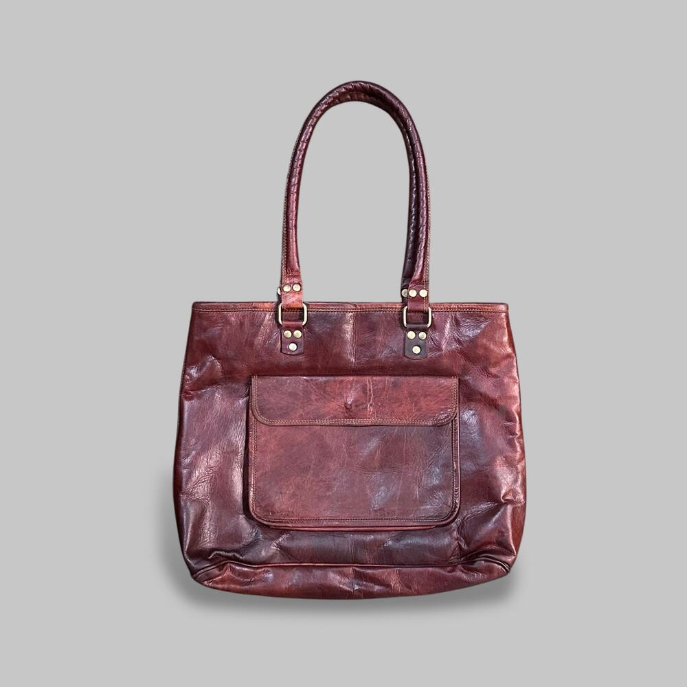 Vintage Brown Leather Tote Shoulder Bag – Brass Hardware, Green Lining